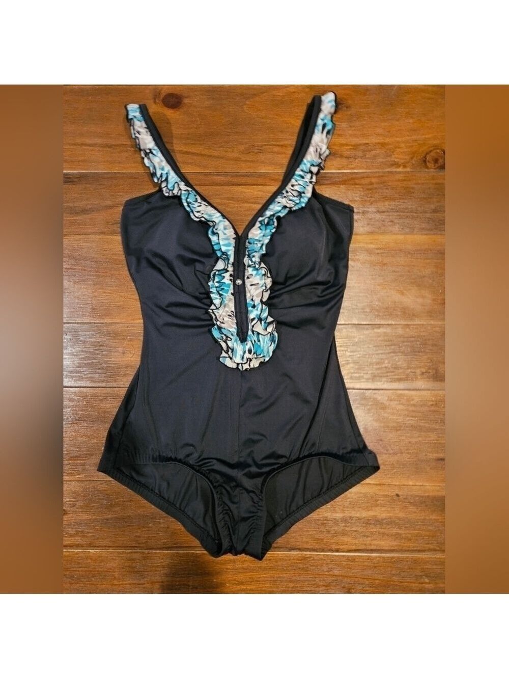 MAXINE OF HOLLYWOOD VINTAGE ONE PIECE BLACK SWIMSUIT WITH RUFFLE DETAIL SIZE 12